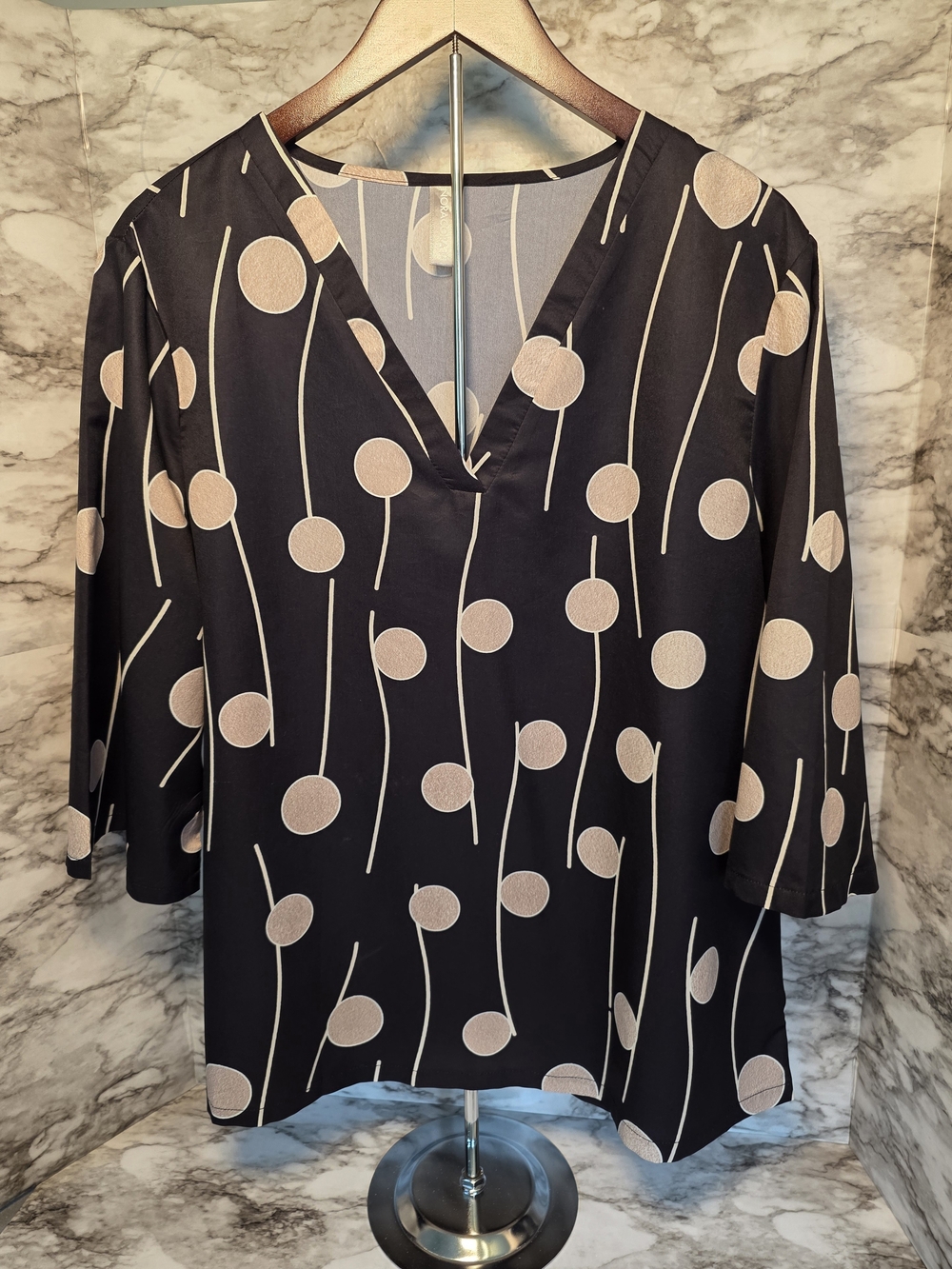 NORACORA Black V-Neck Polka Dot Blouse with Beige Dots